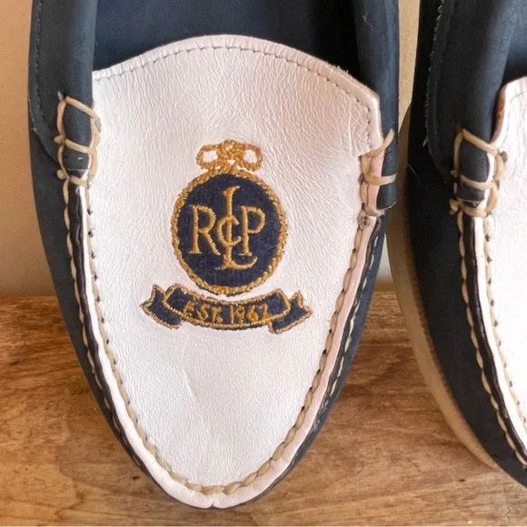 RALPH LAUREN POLO Vtg 80s Nautical Blue White Crest Loafer Deck Shoes 8.5AA Nice